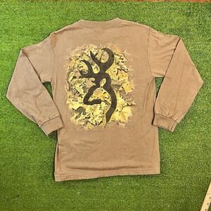 y2k buck hunting graphic Tee Small long sleeve brown outdoor hunting shirt